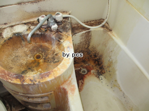 賃貸物件の3点ユニットバスの洗面ボウルと浴槽の汚れ写真01