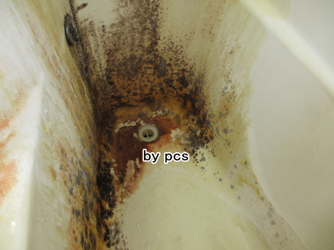 賃貸物件の3点ユニットバスの浴槽の重度の汚れ写真01